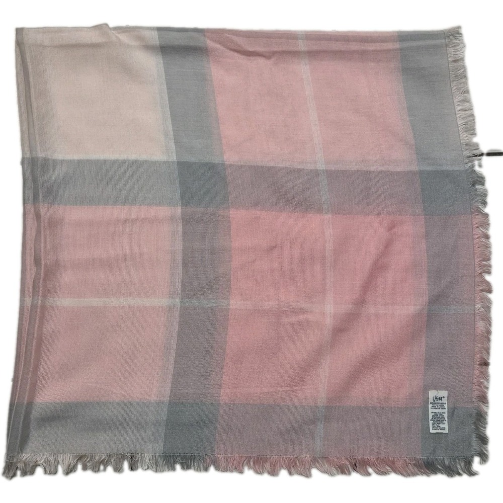 Vera Neumann Large Square Fringe Scarf Pink Gray Plaid Acrylic Shawl 48x49 Vtg